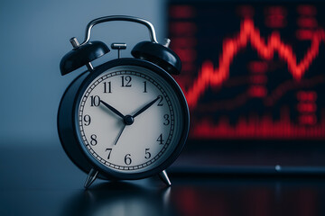 Classic Alarm Clock Near Stock Market Chart Illustrating Time Pressure In Financial Decision Making