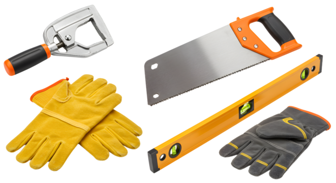 Essential Hand Tools for DIY Projects: Gloves, Saw, Level, and Clamps
