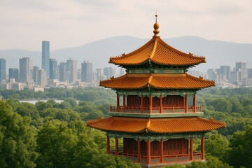 Obraz premium Traditional Asian Pagoda Tower Overlooking Urban City Skyline With Mountains In Background