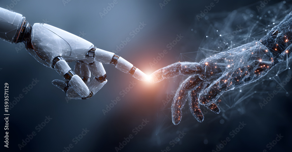 Poster .ai, machine learning, hand of robot and human touching on big data network connection, artificial i