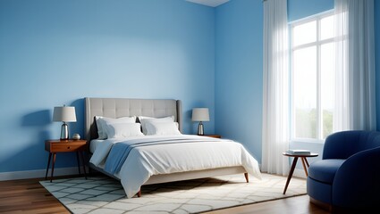 Serene blue bedroom with natural light showcases comfort and minimalist interior design style.