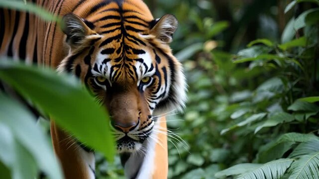 Bengal Tiger Camouflaged in Lush Tropical Greenery: A Closeup of Wildlife in Nature
