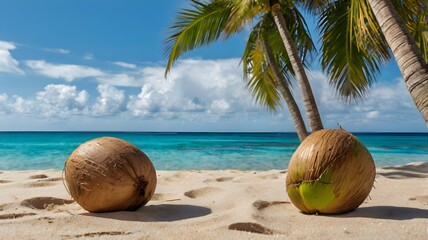 Halved Coconuts Resting on Sandy Beach with Turquoise Ocean and Clear Blue Sky &ndash; Tropical Paradise Scene Capturing Relaxation, Coastal Beauty, and Exotic Island Vibes

