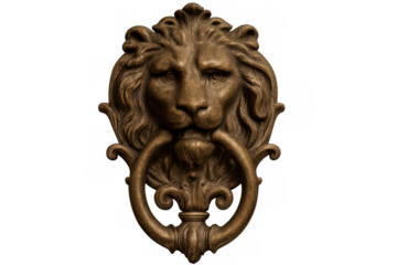 Detailed vintage brass lion head door knocker gripping decorative metal ring, mounted against clear isolated backdrop