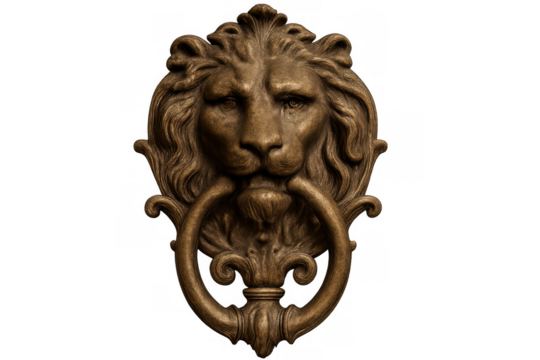 Detailed vintage brass lion head door knocker gripping decorative metal ring, mounted against clear isolated backdrop