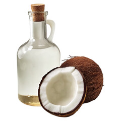 MCT oil bottle displayed with opened fresh coconuts concept. A fresh coconut and coconut oil in a glass bottle.