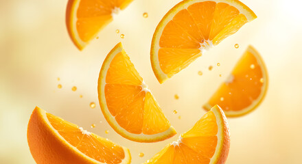Fresh Juicy Orange Slices Floating in Mid-Air with Bright, Vibrant Colors

