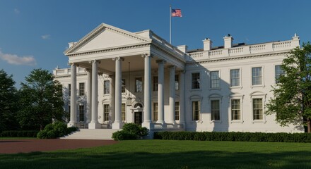 Naklejka premium Classic White Building with Columns and American Flag in Sunny Outdoor Setting