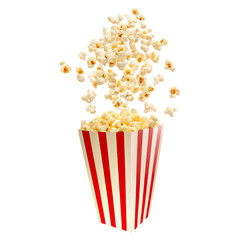 Popcorn bursting from red white striped paper box concept. Delicious popcorn bursting from a classic striped box.