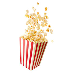 Popcorn bursting from red white striped paper box concept. Delicious popcorn overflowing from a classic striped box.