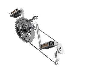 Detailed 3D render of a bicycle pedal, crankset, chain, and cog mechanism, showcasing intricate mechanical components and propulsion. Isolated on a PNG Transparent HD Background for easy integration.