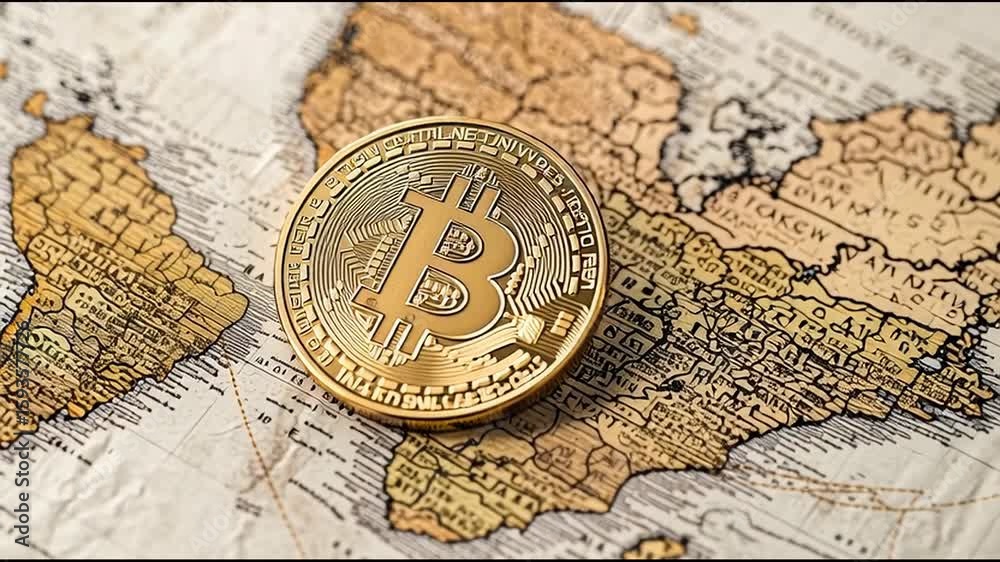 Poster gold bitcoin coin placed on a map representing the concept of automated crypto exchange and digital 