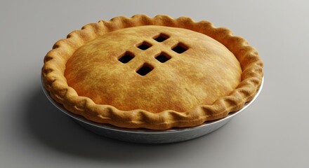Golden Brown Baked Pie in Metal Dish on Gray Background