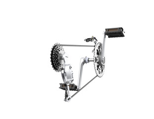 High-Quality 3D Render: Bicycle Drivetrain. Isolated Crankset, Chain, Cassette, Rear Derailleur, Pedals on Transparent HD Background. Perfect for Bike Gear, Speed Control and Cycling Accessory Design.