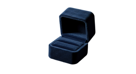 Open, empty, dark blue velvet ring box, angled view, isolated on a white background, ready for a ring or jewelry.