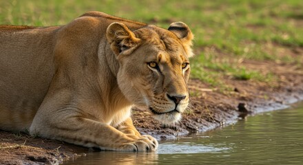 Lioness Drinking Water Calmly at Edge of Pond in Natural Habitat