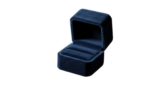 Open, empty, dark blue velvet ring box, angled view, isolated on a white background, ready for a ring or jewelry.