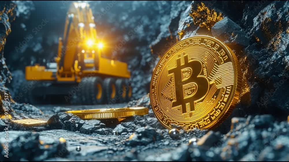 Poster bitcoin coin displayed within a mining site illustrating the process of crypto mining and the emerge