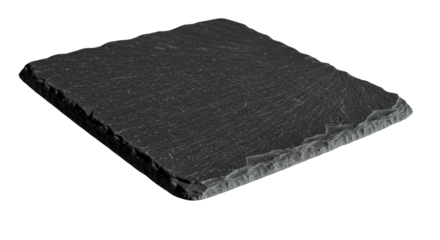 Rough-edged black slate coaster, isolated on white background.