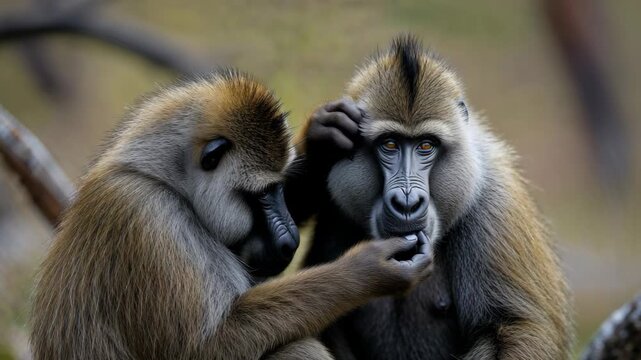 Discover Mandrill Grooming Behavior: A Close-Up Portrait of Wildlife Interaction in Nature