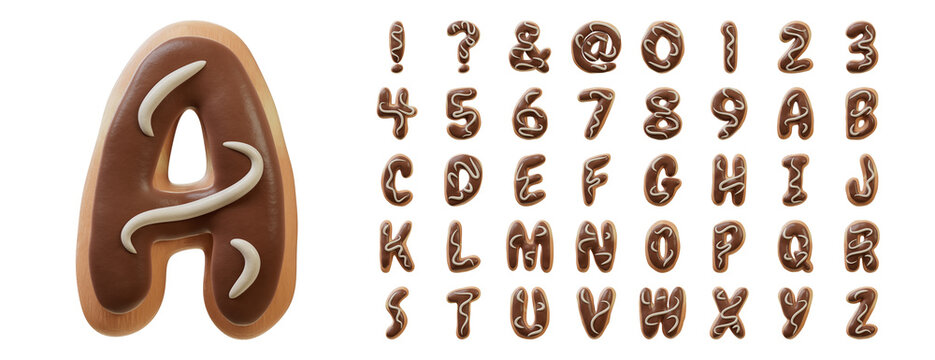 3D Font.Chocolate Biscuit Donut Font Concept. Isometric Alphabet. Numbers And Letters. 3d rendering isolated on white background