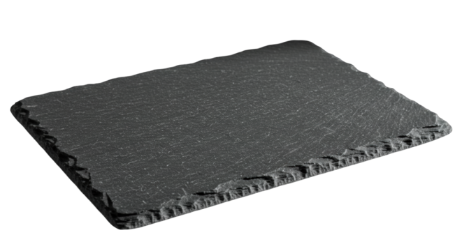 Dark gray rectangular slate serving platter, with natural stone edges, isolated on white background.