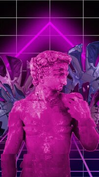 Glitching pink statue with neon geometric shapes and leaves in retro animation