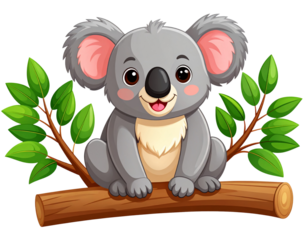 Cute Cartoon Style Koala Bear on a Branch with Green Leaves, Transparent Background