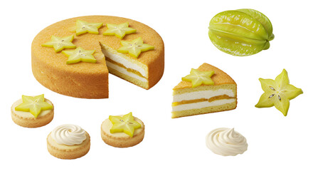 Delicious Star Fruit Cake and Cookies Composition on White Background