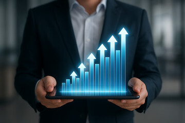 Businessman holding tablet with glowing upward bar graph for success growth performance analytics and financial business chart representation in virtual futuristic data visualization