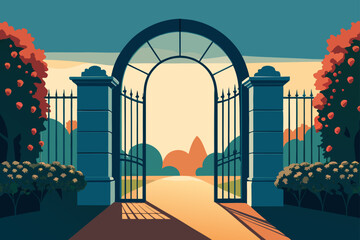 Grand entrance archway with open gates and lush gardens