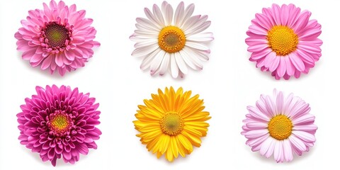 Six colorful flowers, isolated on white