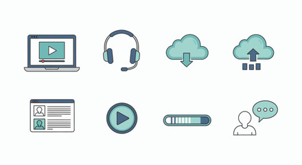Collection of digital icons representing online video streaming, communication, and data transfer.