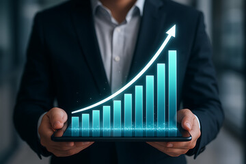 Digital chart with upward trend on tablet held by business person showing increasing business success and financial performance in modern corporate office background