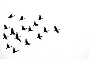 Black silhouettes of flock of geese flying on white background