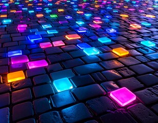 Fototapeta premium 光と蛍光色に導かれる夜の石畳