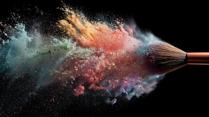 Pastel Powder Explosion with Makeup Brush on Black Background 