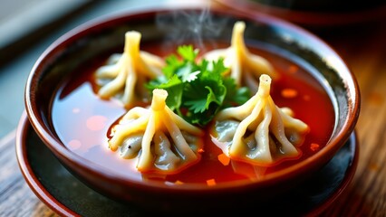 Asian dumpling soup in red broth