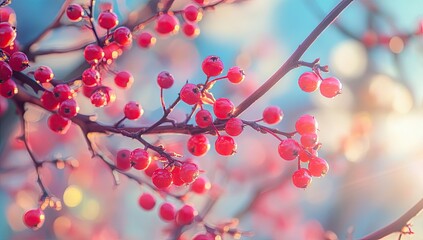 Close-up of vibrant red berries on branches, soft pastel background