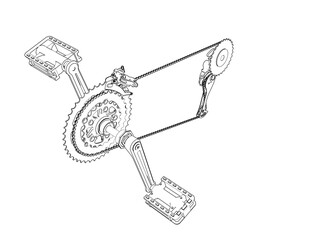 Advanced Bicycle Drivetrain System Wireframe: Technical Line Art Illustration of Bike Gears, Chain, and Pedals. Precision Engineering Diagram for Cycling Technology and Mechanical System.