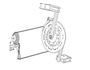 Precision Bicycle Drivetrain Wireframe Technical Drawing: Monochrome Line Art Illustration of Gears, Chain, and Pedals, an Essential Engineering Blueprint for Bike Mechanics, CAD, and Industrial