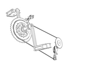Detailed monochrome line art of bicycle drivetrain components. This simple technical drawing illustrates bike gears, pedals, chain, and derailleur in an engineering blueprint style png transparent 