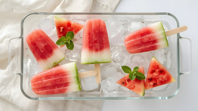 Refreshing watermelon popsicles resting on ice within a glass container, with mint. - Powered by Adobe