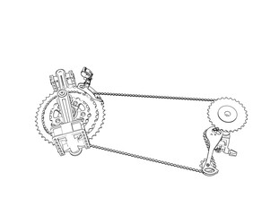 Detailed monochrome line art of bicycle drivetrain components. This simple technical drawing illustrates bike gears, pedals, chain, and derailleur in an engineering blueprint style png transparent 