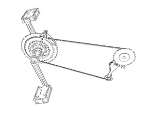 Advanced Bicycle Drivetrain System Wireframe: Technical Line Art Illustration of Bike Gears, Chain, and Pedals. Precision Engineering Diagram for Cycling Technology and Mechanical System.