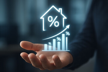 Business hand presenting real estate interest rate growth graph with percentage and house icon showing rising mortgage finance and investment trend in property market