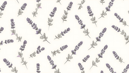 Lavender sprigs in a repeating pattern on a white background.