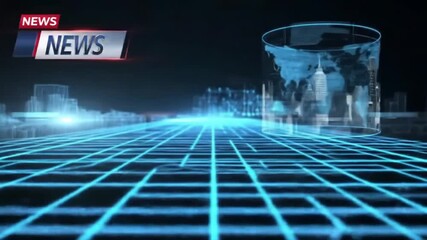 Dynamic blue technology grid lines moving forward, combined with scrolling news ticker columns. Sleek, futuristic corporate opening background with smooth digital motion and modern vibes. - Powered by Adobe