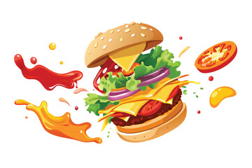 Photorealistic Exploded Burger Vector Illustration. Deconstructed Hamburger with Flying Ingredients and Splash