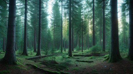 Obraz premium Lush, tranquil coniferous forest with sun rays filtering through tall trees and mossy forest floor